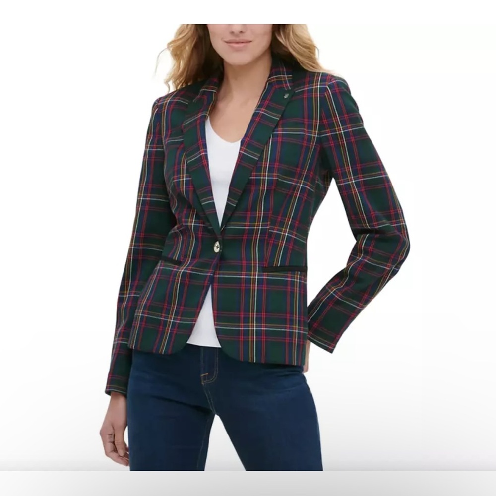 Tommy Hilfiger Women Green Plaid Single-Button Blazer Sz 8 NWT Christmas